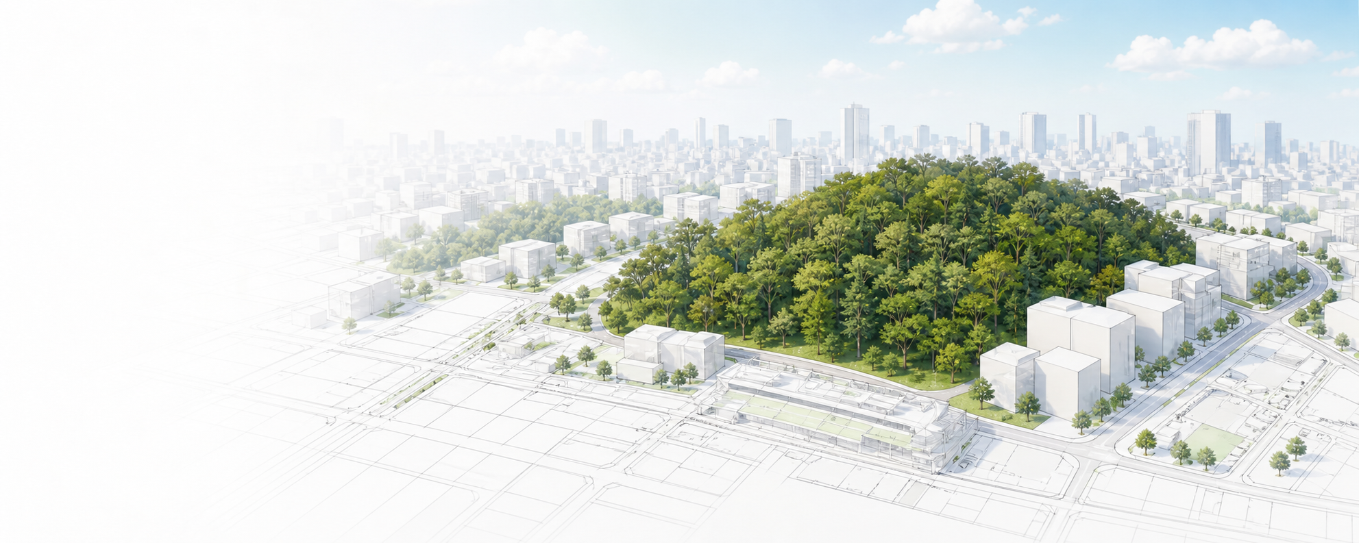 飛地山問題をイメージした緑地と都市計画図の俯瞰イラスト